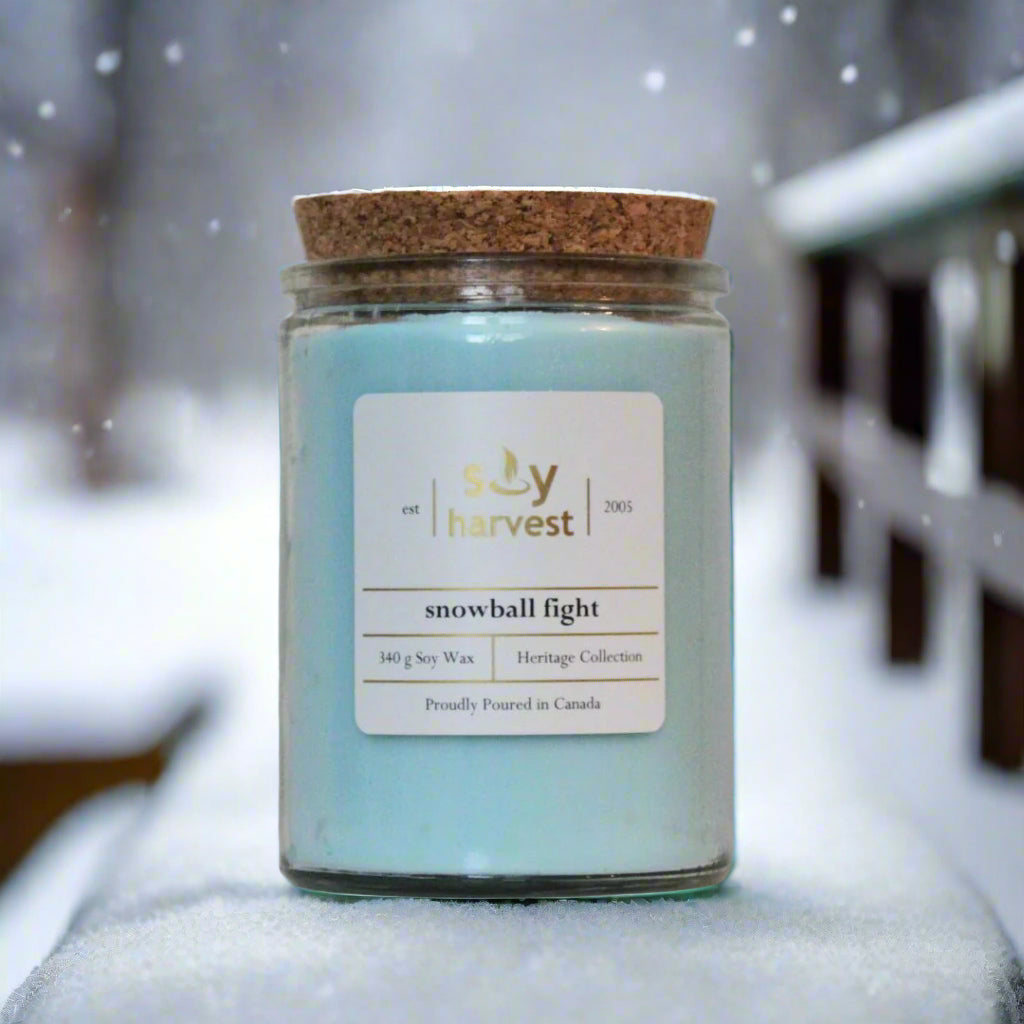 a blue soy candle snowball fight with a cork lid soy harvest candles brand