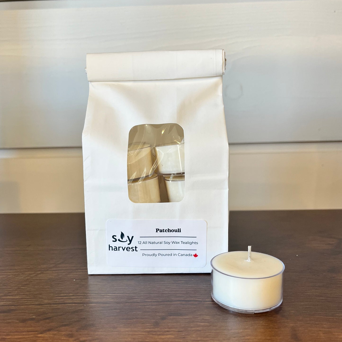patchouli tealights in white coffee bag - 12 candles