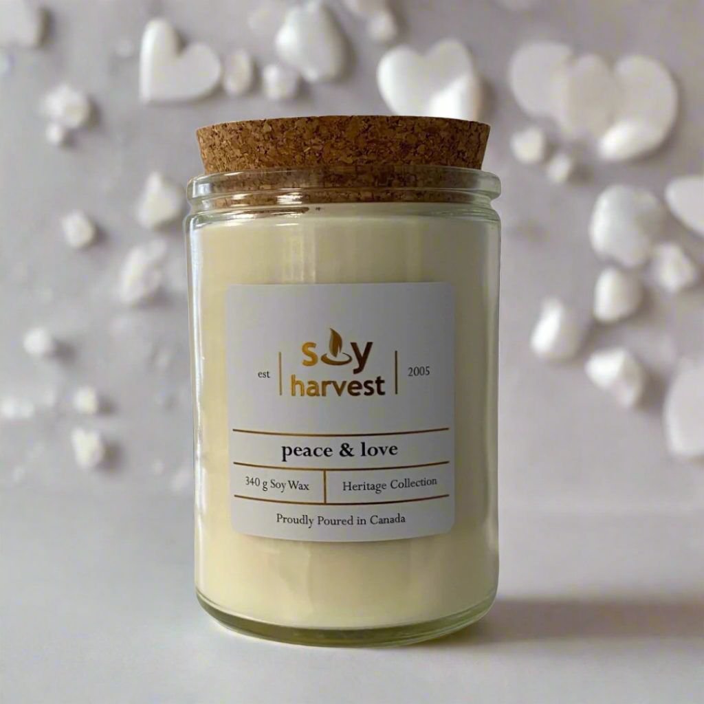 peace and love candle in white wax with cotton wick and cork lid