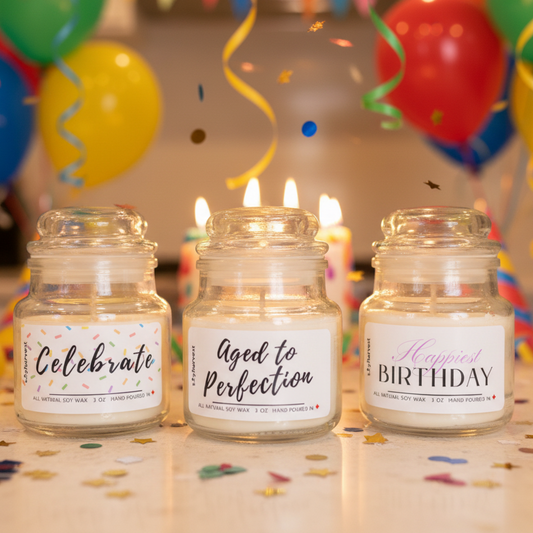 Three glass jars with candles labeled 'Celebrate', 'Aged to Perfection', and 'Happy Birthday' on a white background.
