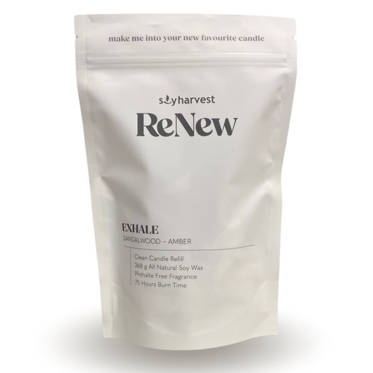 renew - exhale candle scented in amber and sandalwood in a bag to make in your favorite holder , fundraising available.