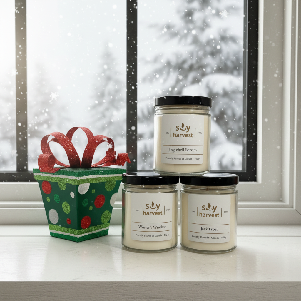 Three candles from Soy Harvest with a decorative gift box on a neutral background