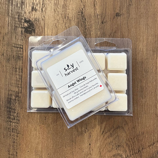 Packaged wax melt on a wooden surface