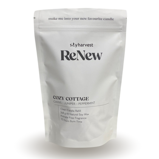Renew - Cozy Cottage. Cassis. juniper and Peppermint.   All in recyclable bag to make your own candle at home. 
