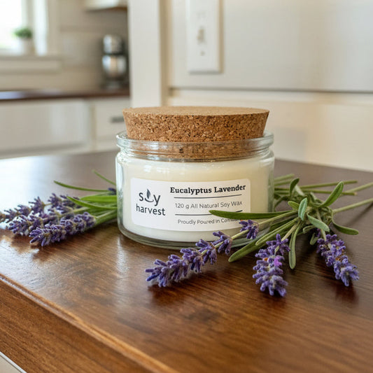 Small glass jar with cork lid on a wooden surface