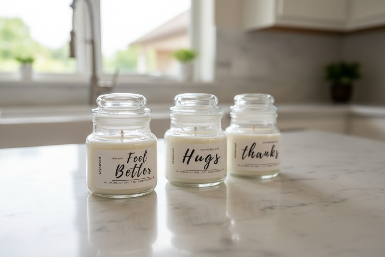 Three small glass jars with labels on a white background