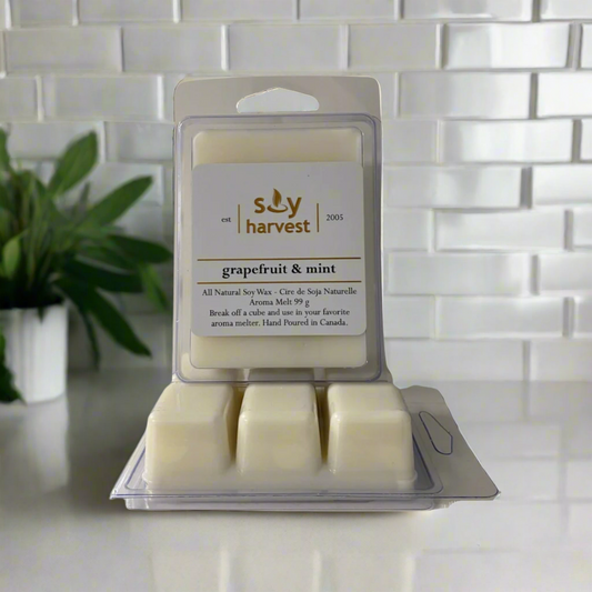 Pack of soy wax melts with 'Soy Harvest' branding on a white background