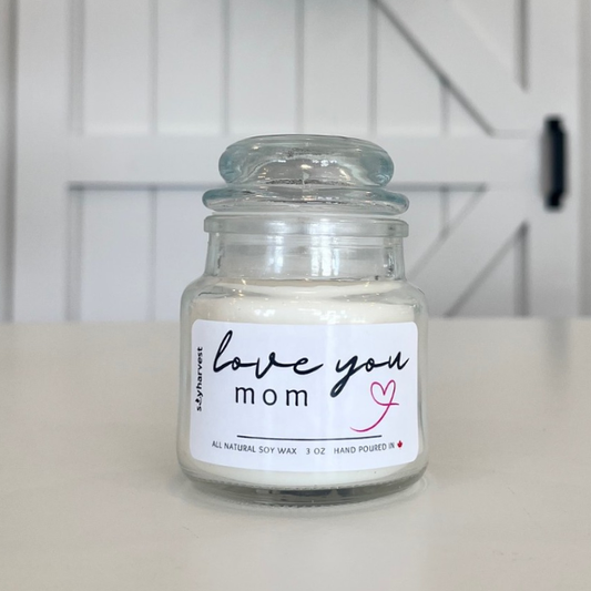 candles in white wax and white label - love you mom