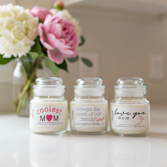 Three small glass jars with labels on a white background