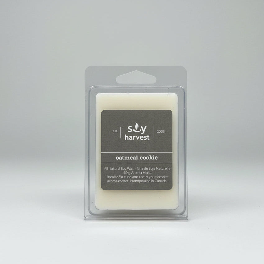 oatmeal cookie wax melts in white with brown label 