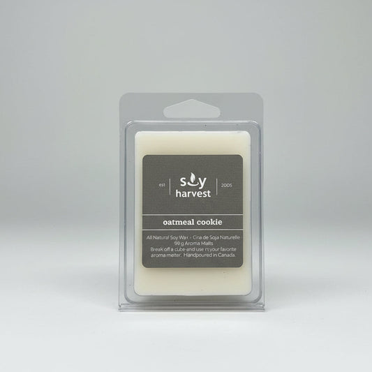 oatmeal cookie wax melts in white with brown label 