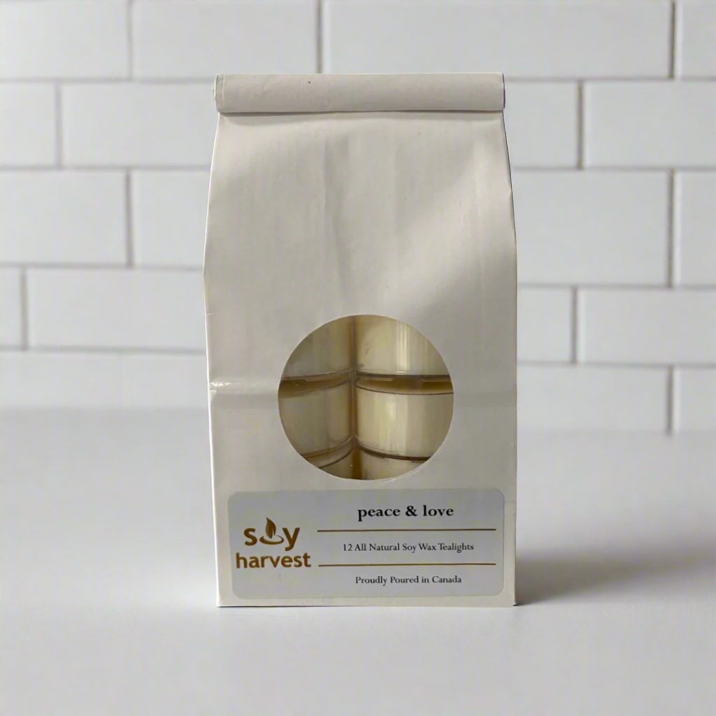 peace and love scent, 12 tealights in white 